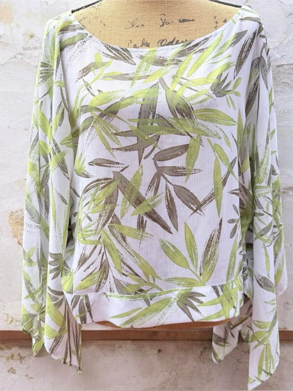 Lightweight White green Leaf-Print Dolman Top - Green & Olive